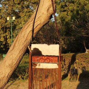 Ladies Hand Tooled Bag with Fringes, Hair On Leather Bag